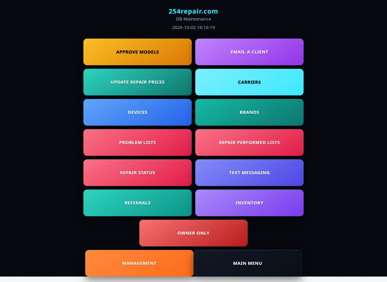 RepairAmigo maintenance dashboard with colorful tiles
